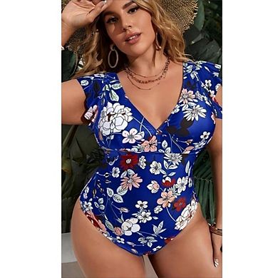 Women's Plus Size Floral One Piece Swimsuit Deep V Neck Ruffle Sleeve Tummy Control Bathing Suit