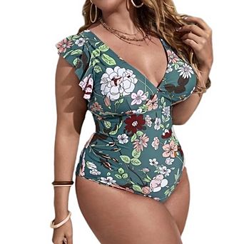 Women's Plus Size Floral One Piece Swimsuit Deep V Neck Ruffle Sleeve Tummy Control Bathing Suit