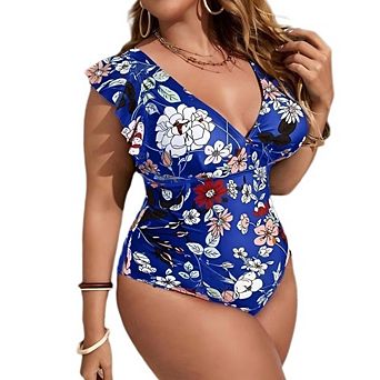 Women's Plus Size Floral One Piece Swimsuit Deep V Neck Ruffle Sleeve Tummy Control Bathing Suit