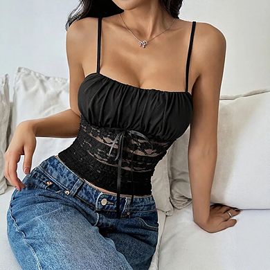 Women's Ruched Lace Cami Top Drawstring Sleeveless Clubwear Crop Tops