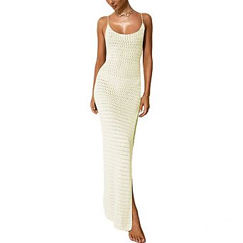 Women Crochet Knit Cross Back Beach Maxi Cover Up Side Slit Swimwear Dress