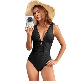 Women's Sleeveless V Neck One Piece Swimsuit Bow Tie Hollow Out High Waist Cutout Back Bathing Suit