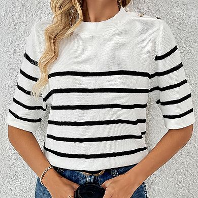 Women's Striped Short Sleeve Knit Top Round Neck Button Shoulder Casual Pullover Sweater