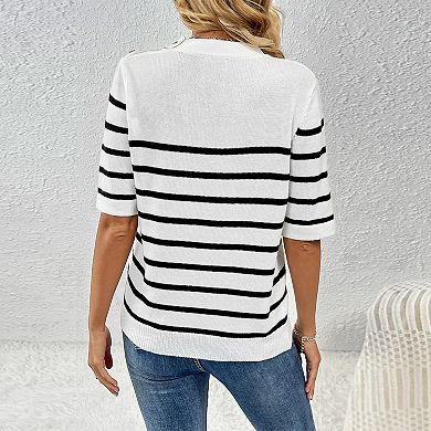 Women's Striped Short Sleeve Knit Top Round Neck Button Shoulder Casual Pullover Sweater