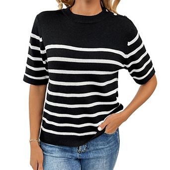 Women's Striped Short Sleeve Knit Top Round Neck Button Shoulder Casual Pullover Sweater