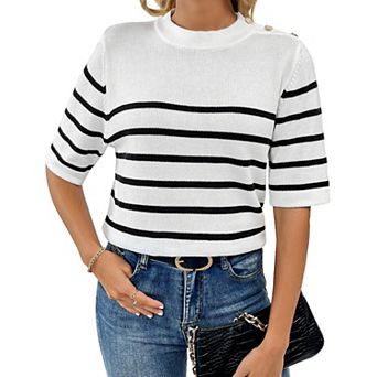Women's Striped Short Sleeve Knit Top Round Neck Button Shoulder Casual Pullover Sweater
