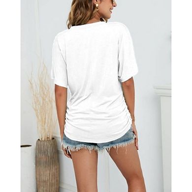 Women's V Neck Dolman Short Sleeve T-Shirt Ruched Side Casual Loose Fit Tee for Work