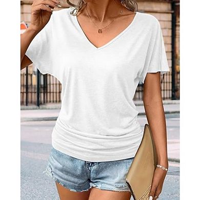 Women's V Neck Dolman Short Sleeve T-Shirt Ruched Side Casual Loose Fit Tee for Work