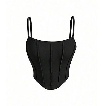 Women Ribbed Corset Crop Top with Adjustable Straps Curved Hem Bustier