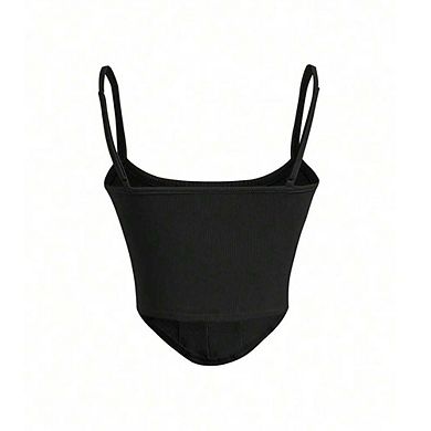 Women Ribbed Corset Crop Top with Adjustable Straps Curved Hem Bustier