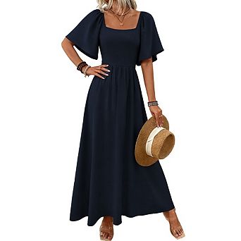 Summer Dresses for Women Square Neck Ruffle Short Sleeve Smocked High Waist A Line Maxi Dress