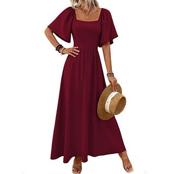Summer Dresses for Women Square Neck Ruffle Short Sleeve Smocked High Waist A Line Maxi Dress