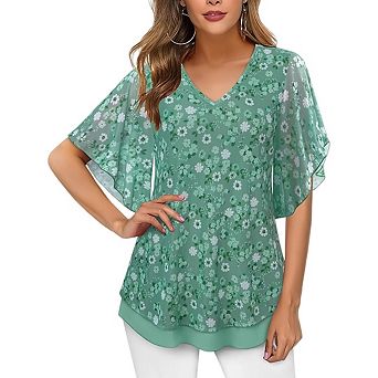 Women's Plus Size Short Sleeve Double Layers V Neck Floral Mesh Tunics Shirts