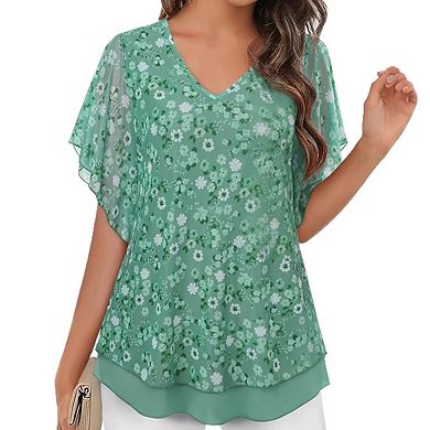 Women's Plus Size Short Sleeve Double Layers V Neck Floral Mesh Tunics Shirts