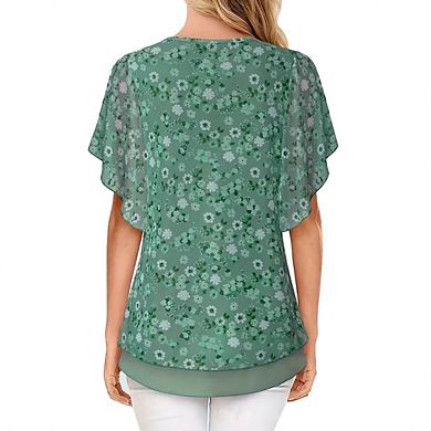 Women's Plus Size Short Sleeve Double Layers V Neck Floral Mesh Tunics Shirts