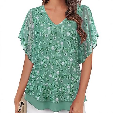 Women's Plus Size Short Sleeve Double Layers V Neck Floral Mesh Tunics Shirts