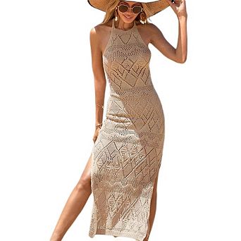 Women's Swimsuit Crochet Cover Up Summer Swimwear Mesh Knit Side Slit Beach Dress Vacation Dress