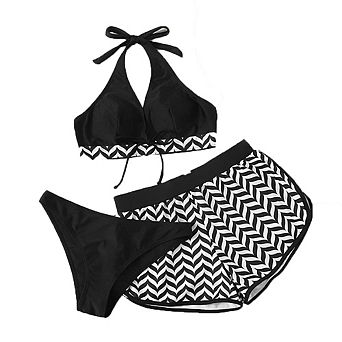 Sporty Square Leg Beachwear Three-Piece Separate Swimsuit With Halter Triangle Cup