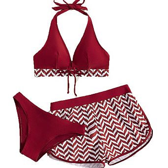 Sporty Square Leg Beachwear Three-Piece Separate Swimsuit With Halter Triangle Cup