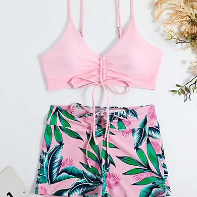 Women's Two-Piece Conservative Square-Leg Bikini Swimsuit with Zipper Pocket