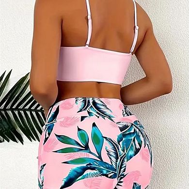 Women's Two-Piece Conservative Square-Leg Bikini Swimsuit with Zipper Pocket