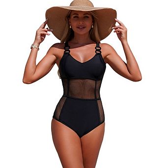 Women's Mesh One Piece Swimsuits V Neck Bathing Suit Push Up Swim Suit Slimming Swimwear