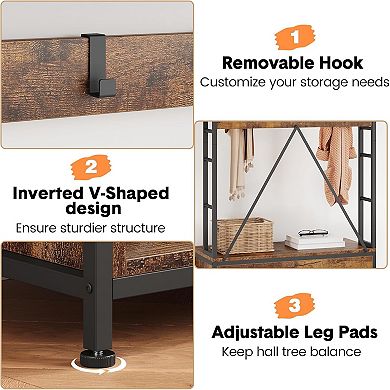 5-in-1 Hall Tree with Shoe Bench - Hooks 2 Drawers