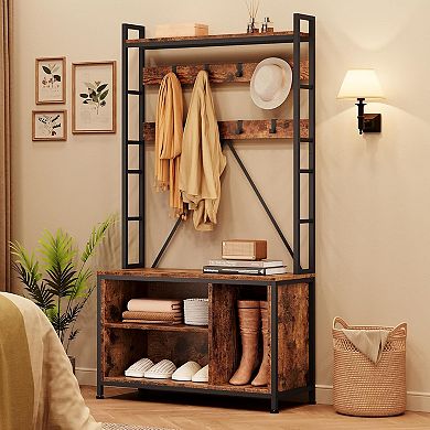 5-in-1 Hall Tree with Shoe Bench - Hooks 2 Drawers