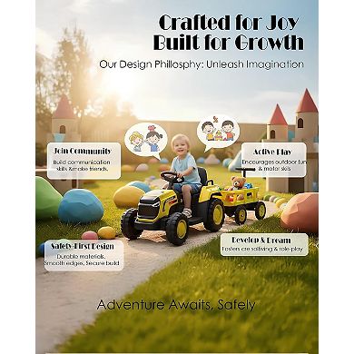 12V Kids Electric Tractor with Cart, Remote Control, Outdoor Garden Play