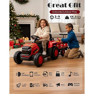 12V Kids Electric Tractor with Cart, Remote Control, Outdoor Garden Play