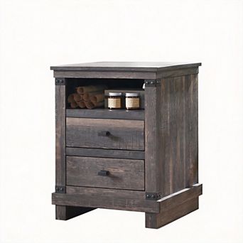 Farmhouse Nightstand Charging Station 2-Drawer Wood End Table
