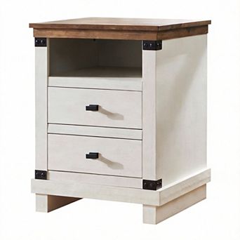 Farmhouse Nightstand Charging Station 2-Drawer Wood End Table