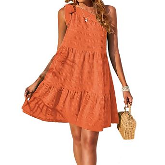 Women's One-shoulder Bow Tie Jacquard Plaid Dresses Sleeveless Pleated Vacation Dress