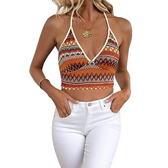 Women's Halter Tops Geometric Striped Printing Tie Back Trendy Tank Top