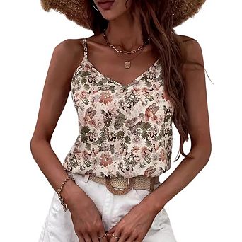 Women's V Neck Floral Print Spaghetti Strap Cami Top