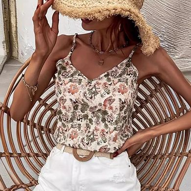 Women's V Neck Floral Print Spaghetti Strap Cami Top