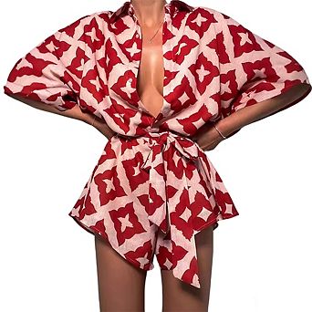 Women Geometric Print Belted Romper Batwing Sleeve Collared Short Jumpsuit