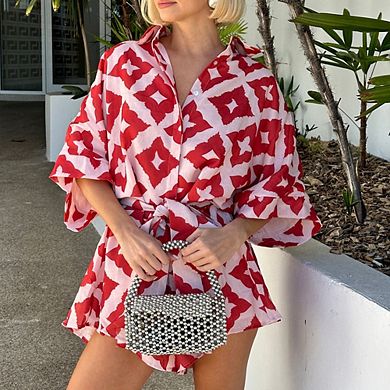 Women Geometric Print Belted Romper Batwing Sleeve Collared Short Jumpsuit