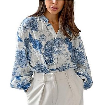 Women's Long Sleeve Flower Blouse V Neck Ruffle Collar Ligjtweight Button Down Casual Shirt