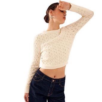 Women's Tie Cropped Sweater Open Back Cable Button Down Knit Crewneck Long Sleeve Top