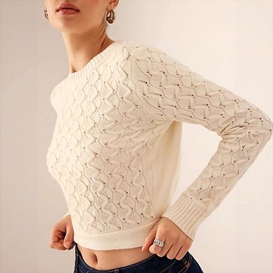 Women's Tie Cropped Sweater Open Back Cable Button Down Knit Crewneck Long Sleeve Top
