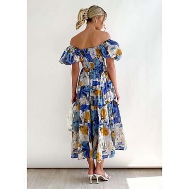 Women's Summer Casual Boho Dress Puff Sleeve Off Shoulder Flowy Trendy Vacation Dresses