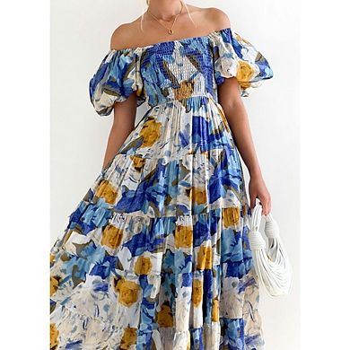 Women's Summer Casual Boho Dress Puff Sleeve Off Shoulder Flowy Trendy Vacation Dresses