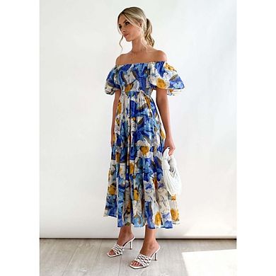 Women's Summer Casual Boho Dress Puff Sleeve Off Shoulder Flowy Trendy Vacation Dresses
