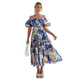 Women's Summer Casual Boho Dress Puff Sleeve Off Shoulder Flowy Trendy Vacation Dresses
