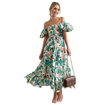 Women's Summer Casual Boho Dress Puff Sleeve Off Shoulder Flowy Trendy Vacation Dresses