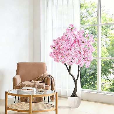 Pink Artificial Cherry Blossom Tree with Realistic Trunk & Flowers, Potted Fake Tree for Indoor