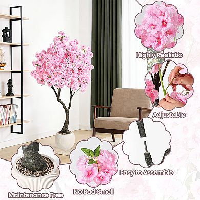 Pink Artificial Cherry Blossom Tree with Realistic Trunk & Flowers, Potted Fake Tree for Indoor