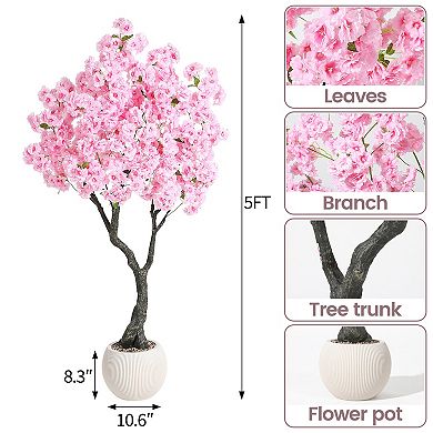 Pink Artificial Cherry Blossom Tree with Realistic Trunk & Flowers, Potted Fake Tree for Indoor
