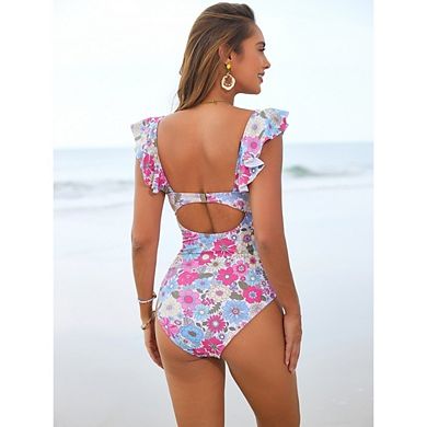 Women's Floral Ruffle Sleeve One Piece Swimsuit Cutout Tie Front V Neck Bathing Suit